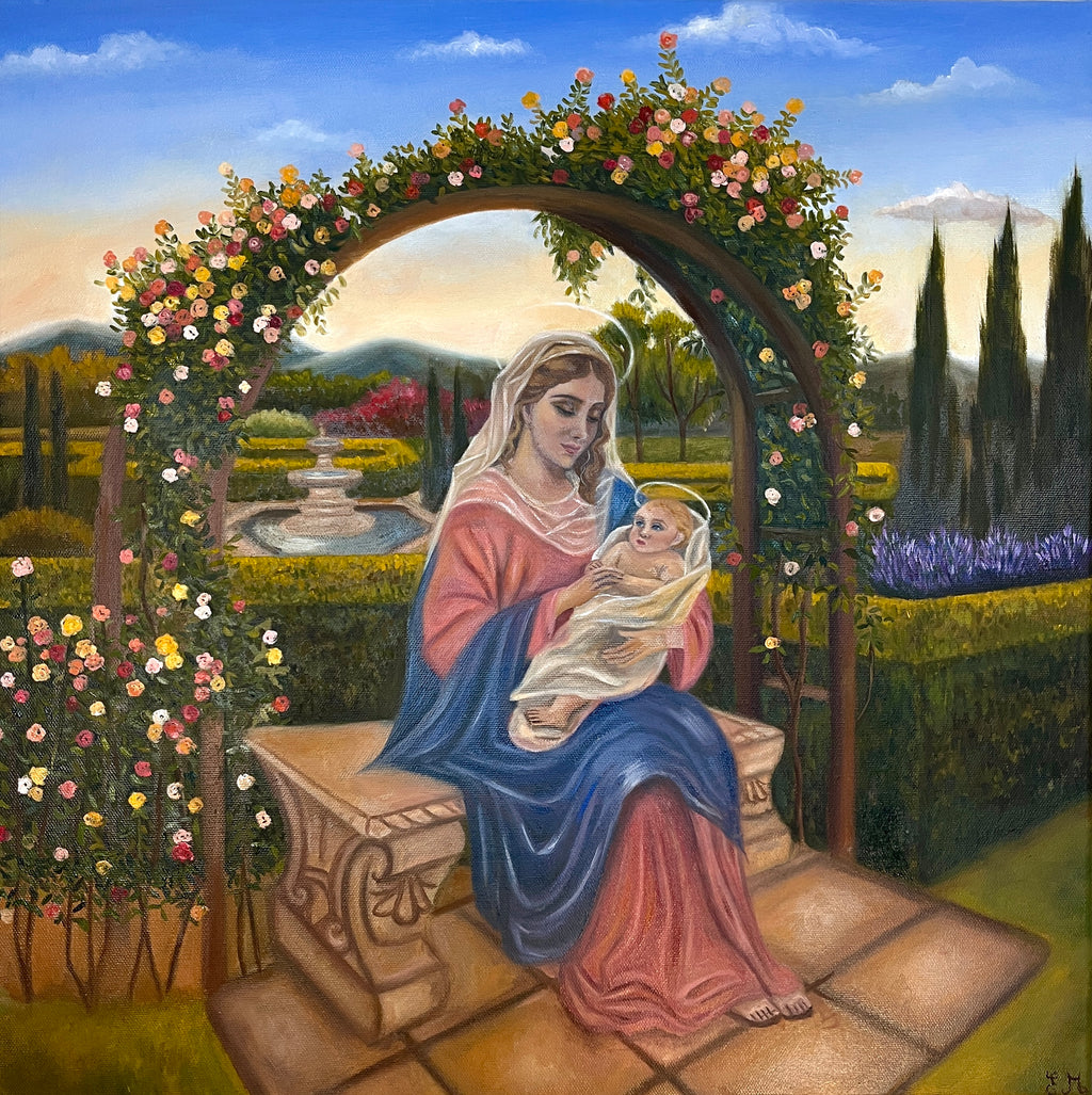 Vierge à l'Enfant au jardin de roses